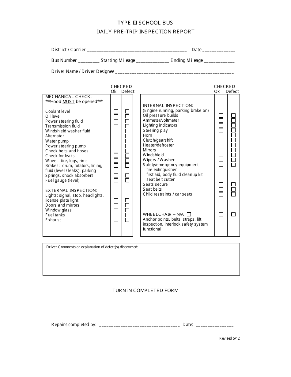 Pre-trip Inspection Report Form - Type Iii School Bus, Page 1