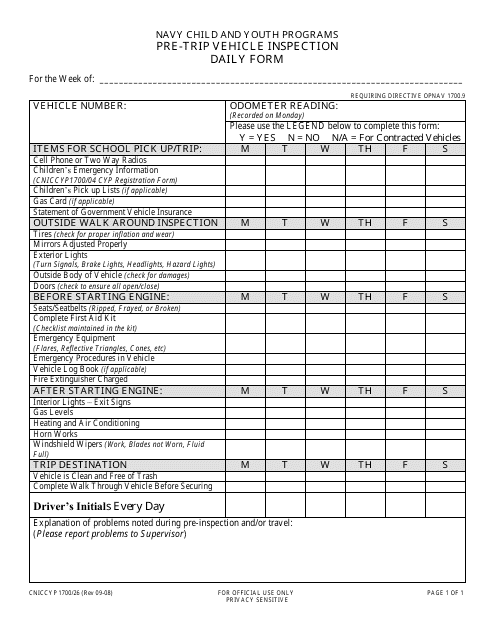 Form CNICCYP1700/26 Pre-trip Vehicle Inspection Daily Form