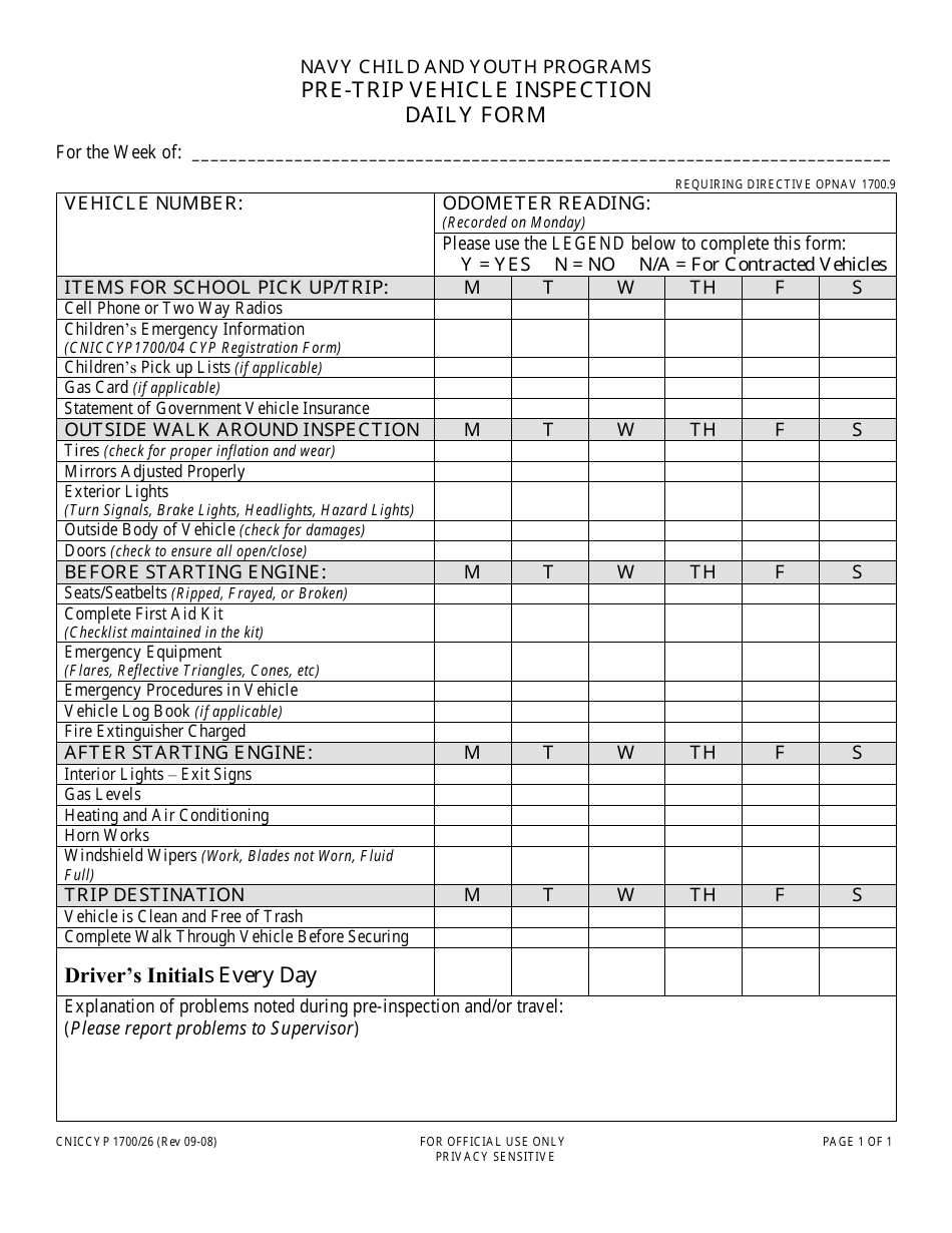 Form CNICCYP1700 / 26 Pre-trip Vehicle Inspection Daily Form, Page 1