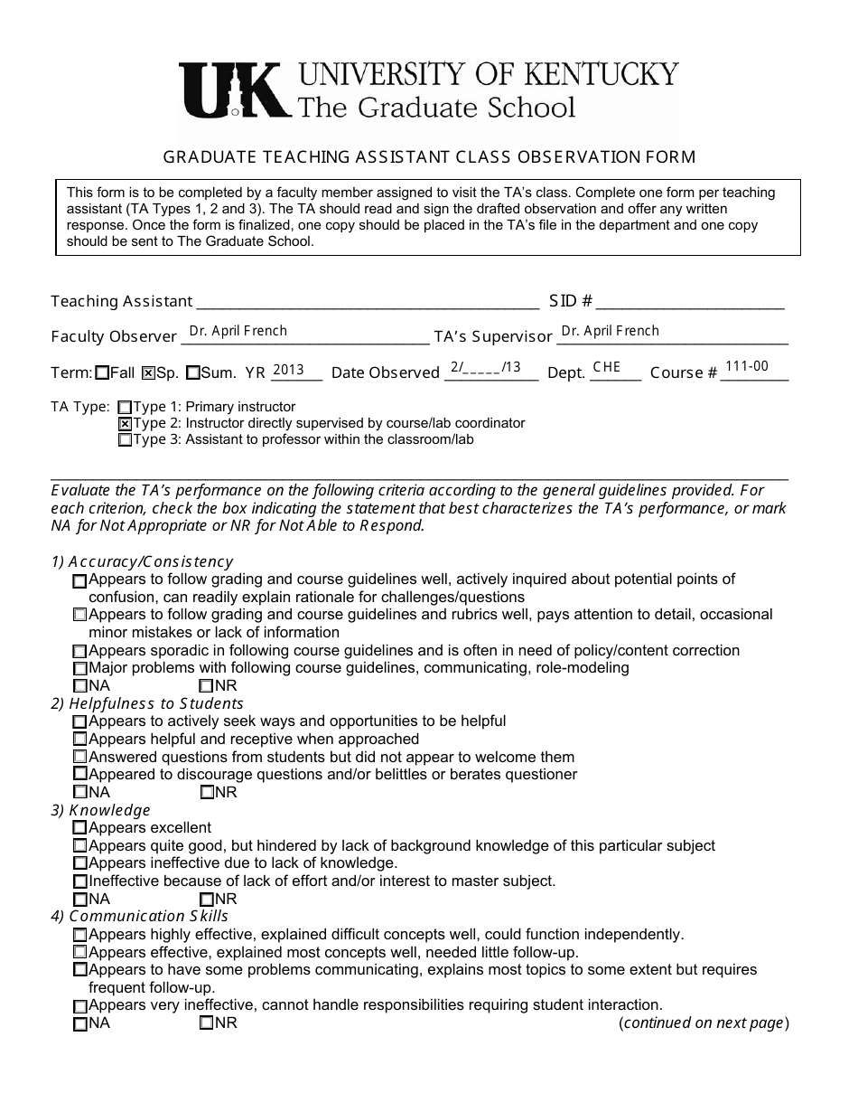 Graduate Teaching Assistant Class Observation Form - University of Kentucky, Page 1