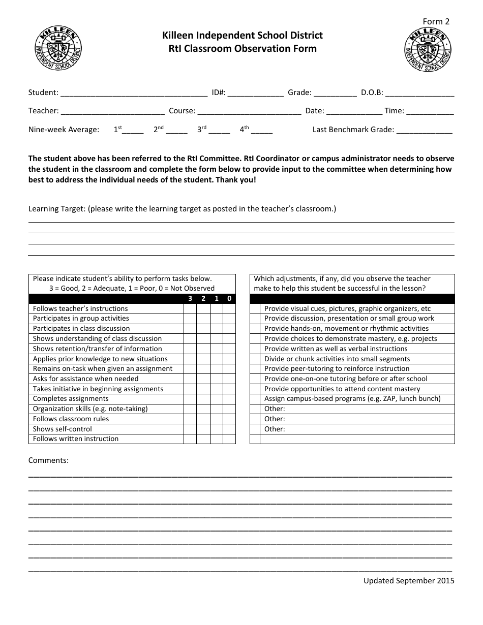 Classroom Observation Form - Killeen Independent School District - Texas, Page 1