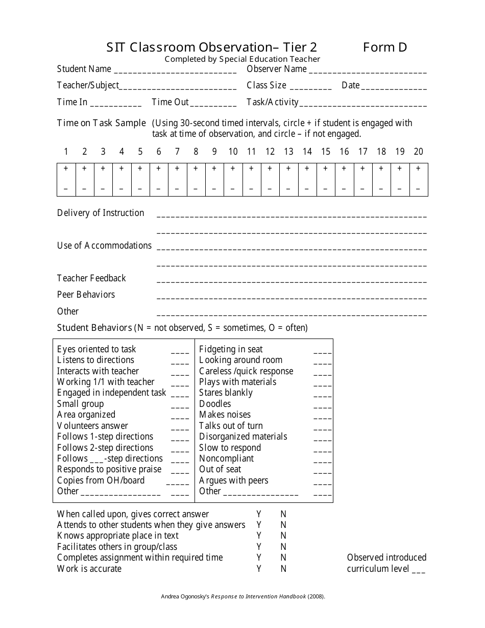 Sit Classroom Observation Form - Tier 2 - Andrea Ogonosky, Page 1