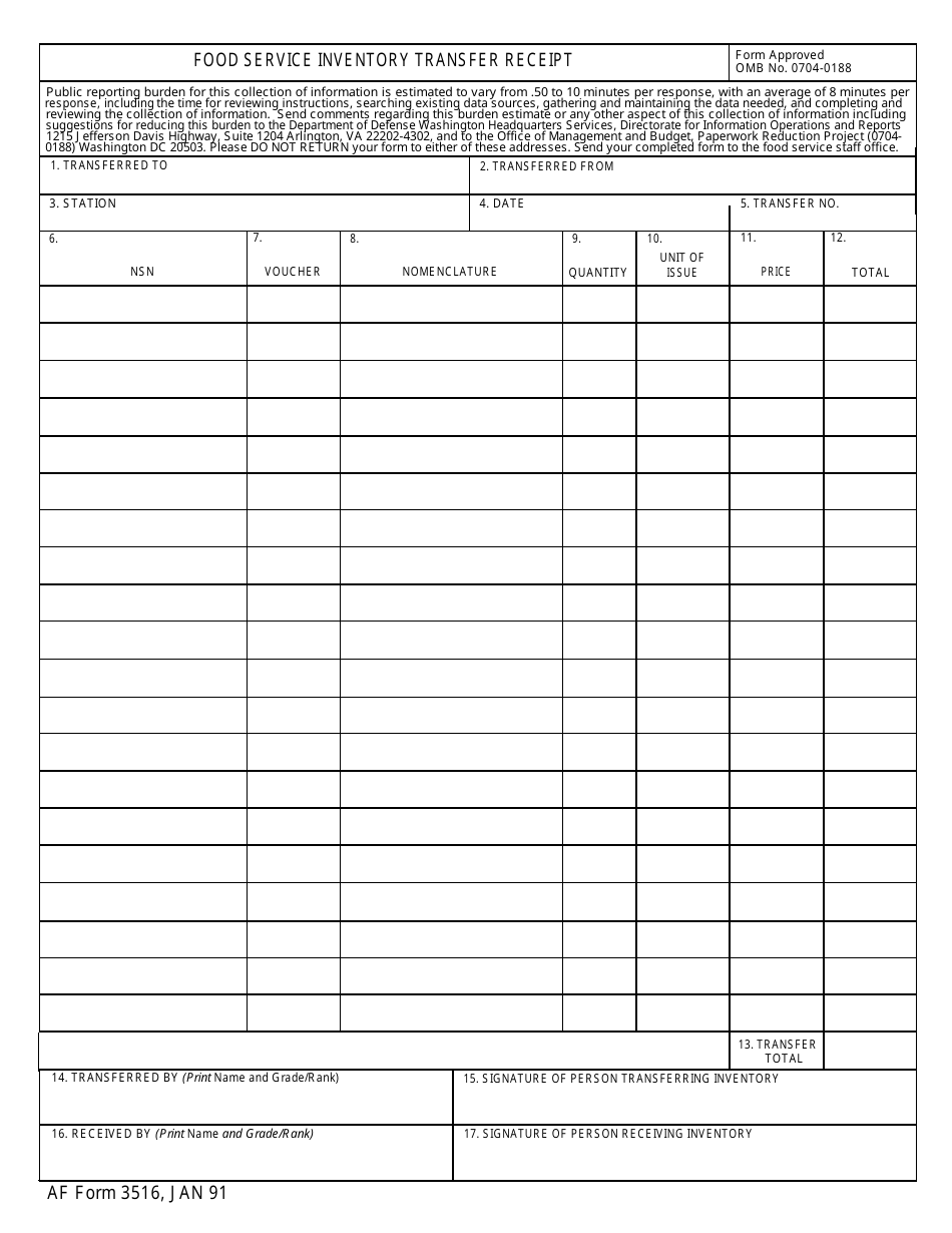 AF Form 3516 Food Service Inventory Transfer Receipt, Page 1