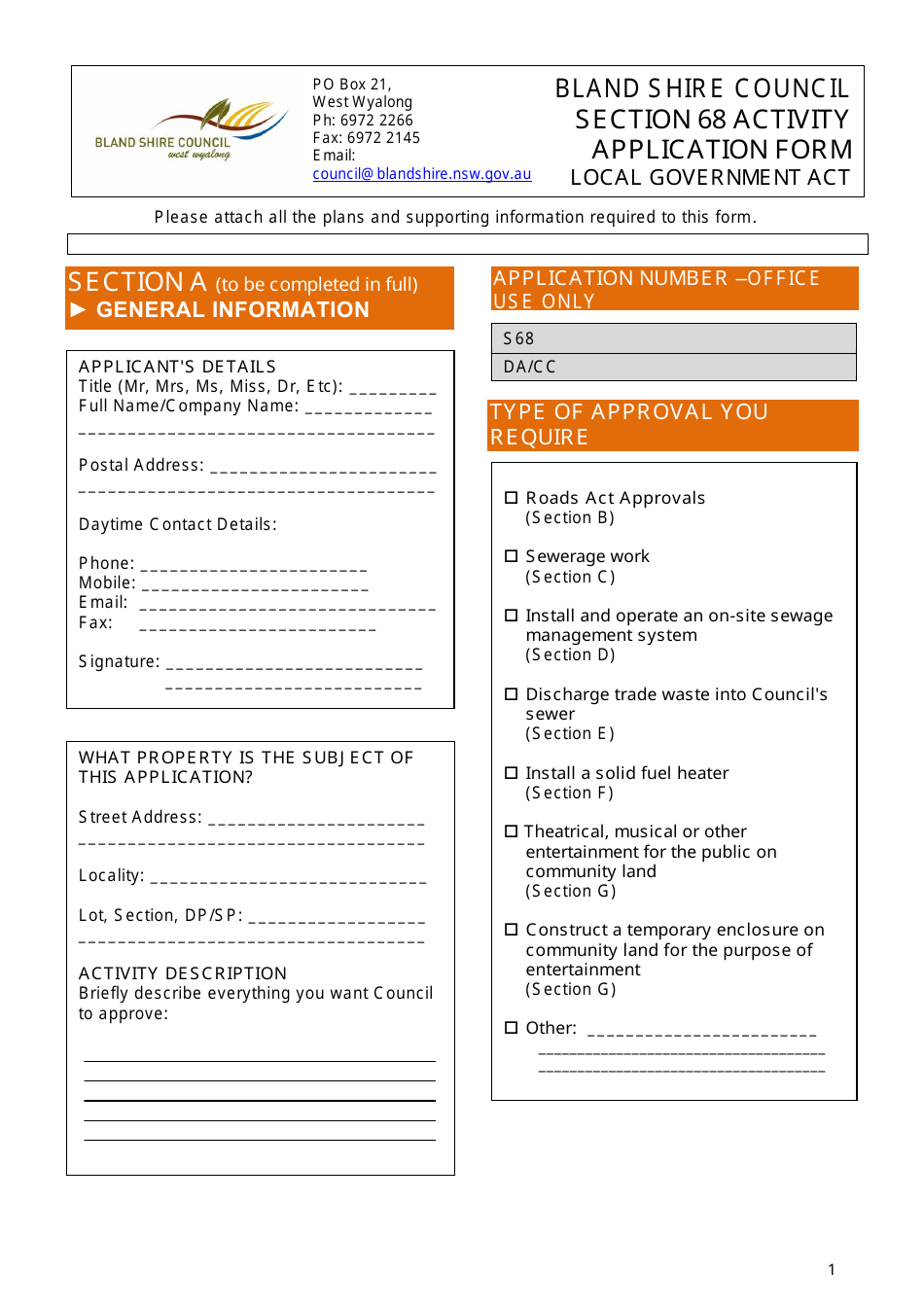 Section 68 Activity Application Form - Town of West Wyalong, New South Wales, Australia, Page 1