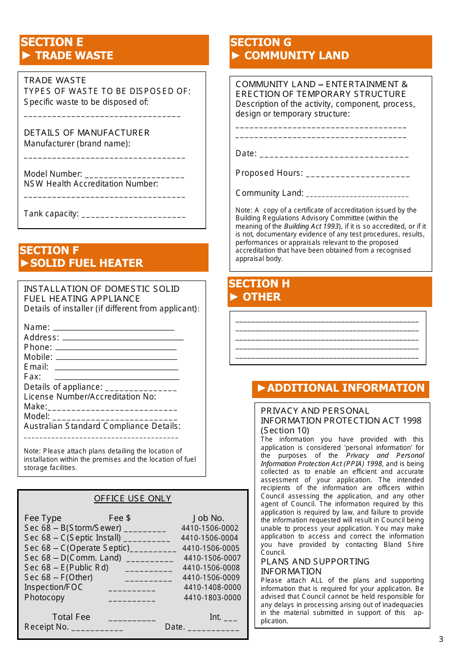 Section 68 Activity Application Form - Town of West Wyalong, New South Wales, Australia, Page 3