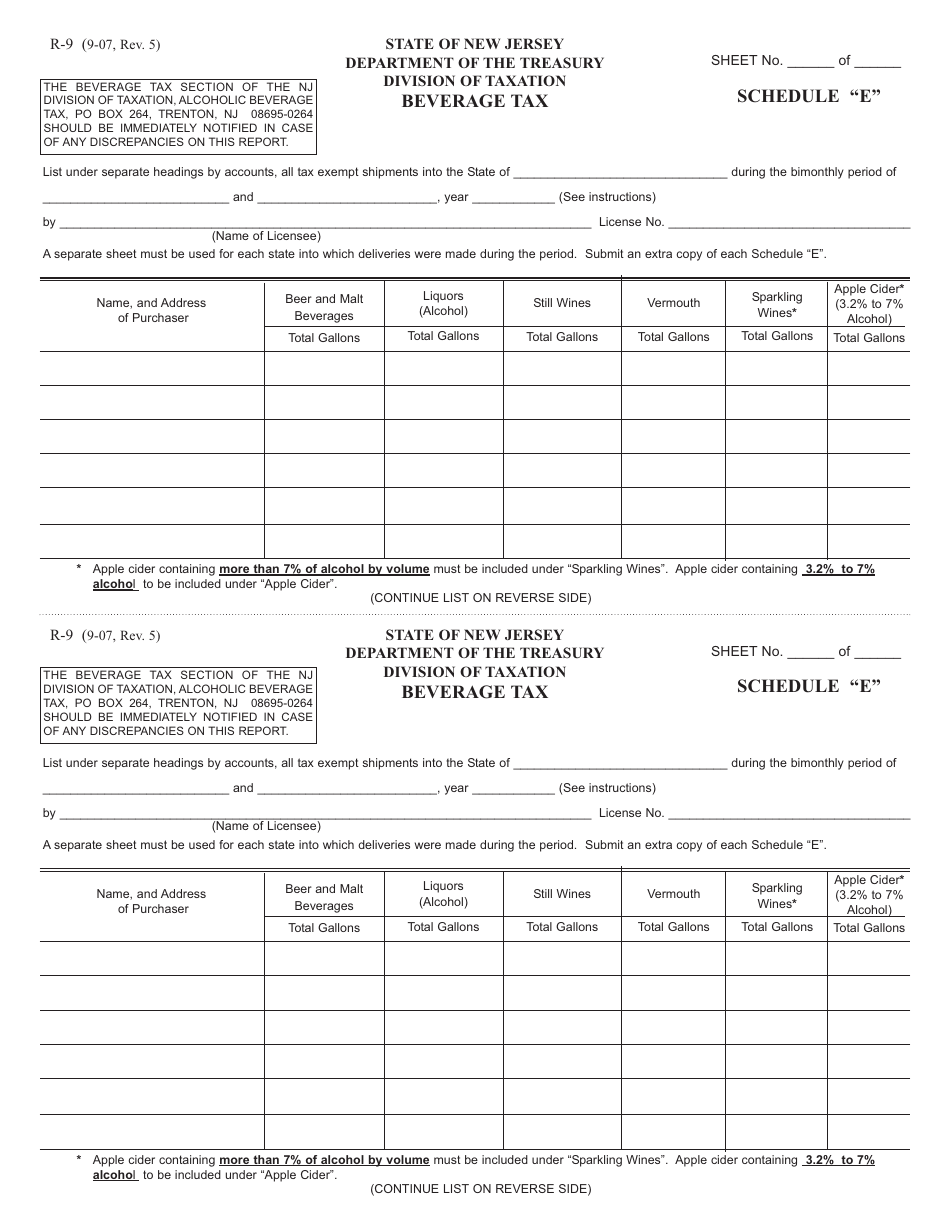 Form R-9 Schedule E Beverage Tax - New Jersey, Page 1