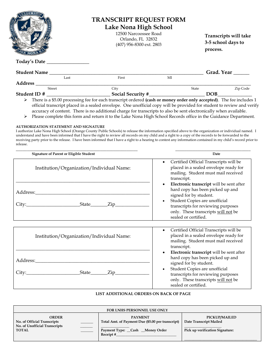 Transcript Request Form - Lake Nona High School - Florida, Page 1