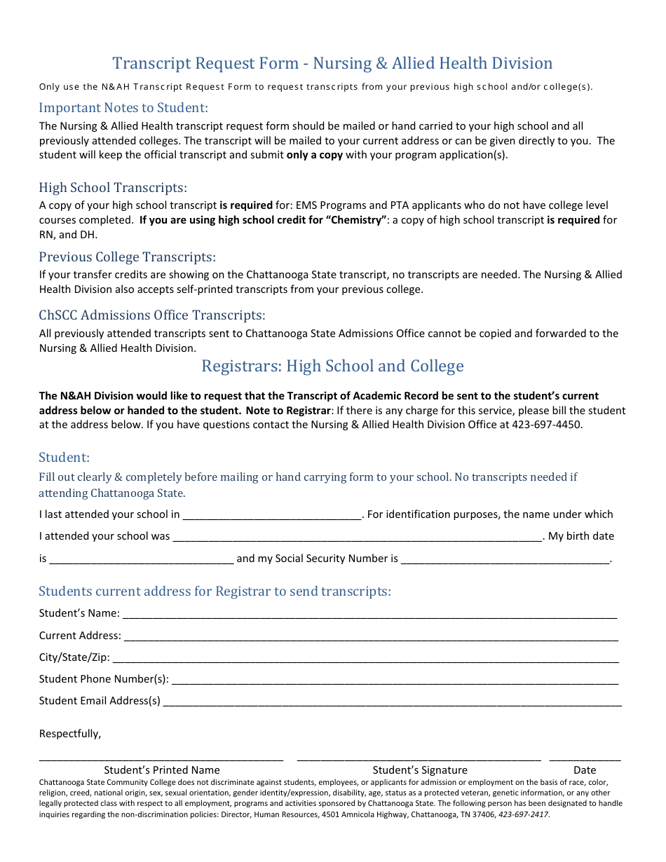 Tennessee Transcript Request Form - Nursing & Allied Health Division - Chattanooga State Community College Download Printable Pdf | Templateroller
