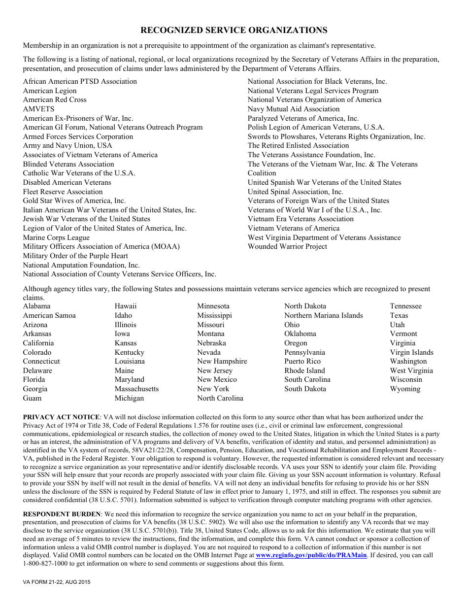VA Form 21-22 Appointment of Veterans Service Organization as Claimants Representative, Page 2
