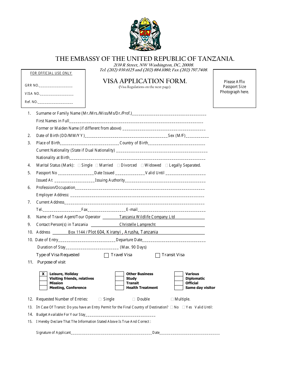 Tanzanian Visa Application Form - the Embassy of the United Republic of Tanzania - Washington, D.C., Page 1