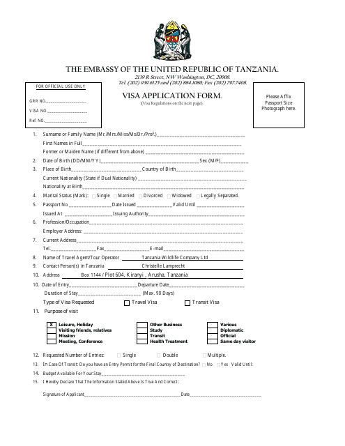 Tanzanian Visa Application Form - the Embassy of the United Republic of Tanzania - Washington, D.C. Download Pdf