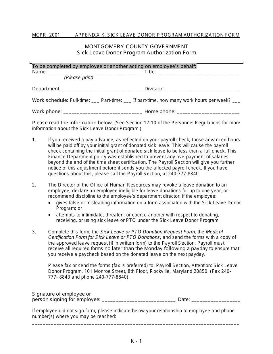 Appendix K Sick Leave Donor Program Authorization Form - MONTGOMERY COUNTY, Maryland, Page 1