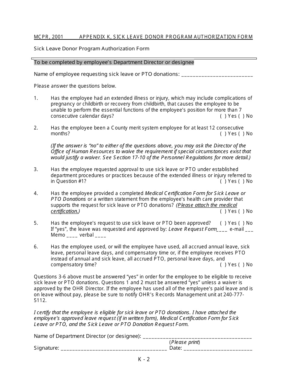 Appendix K Sick Leave Donor Program Authorization Form - MONTGOMERY COUNTY, Maryland, Page 2