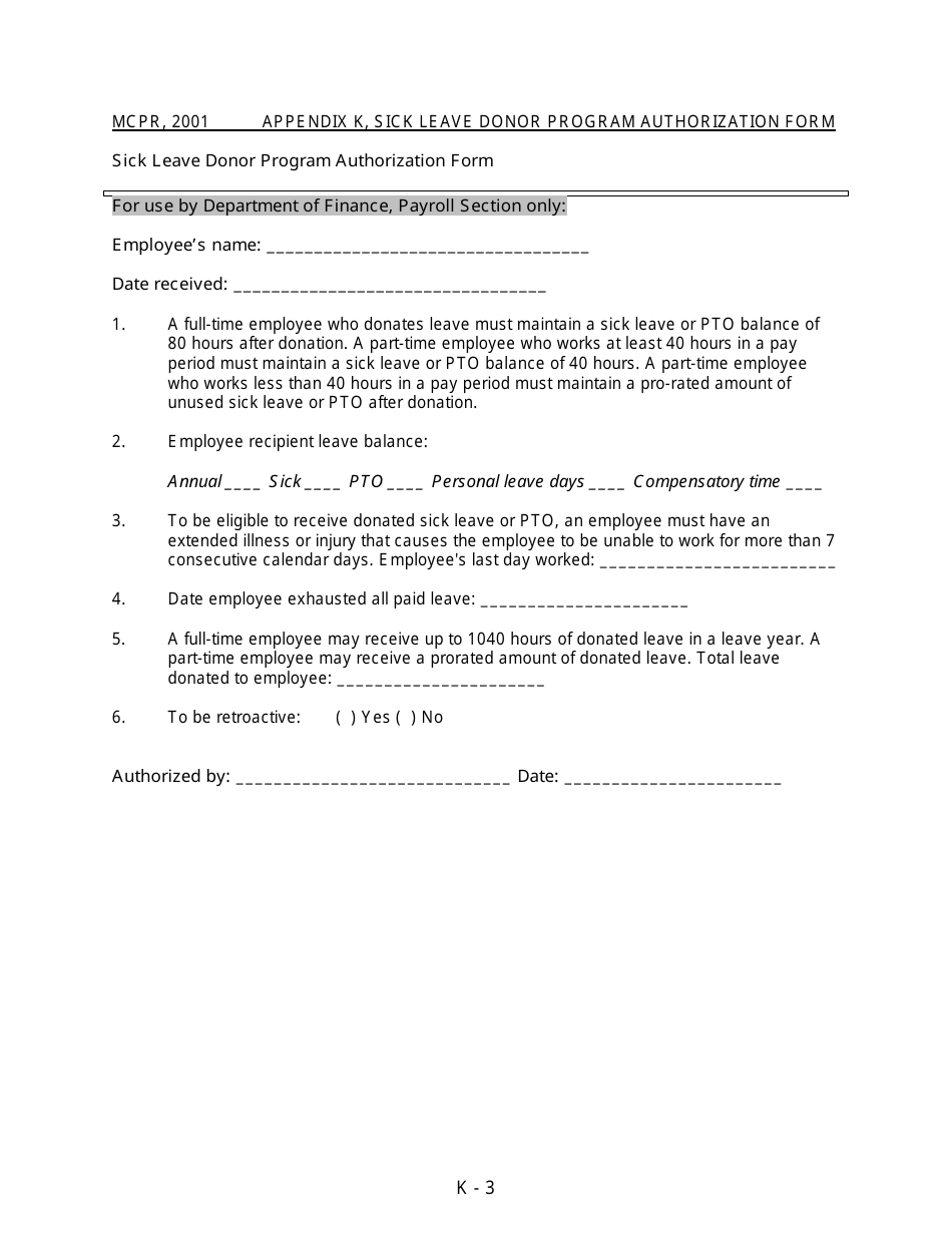 Appendix K Sick Leave Donor Program Authorization Form - MONTGOMERY COUNTY, Maryland, Page 3