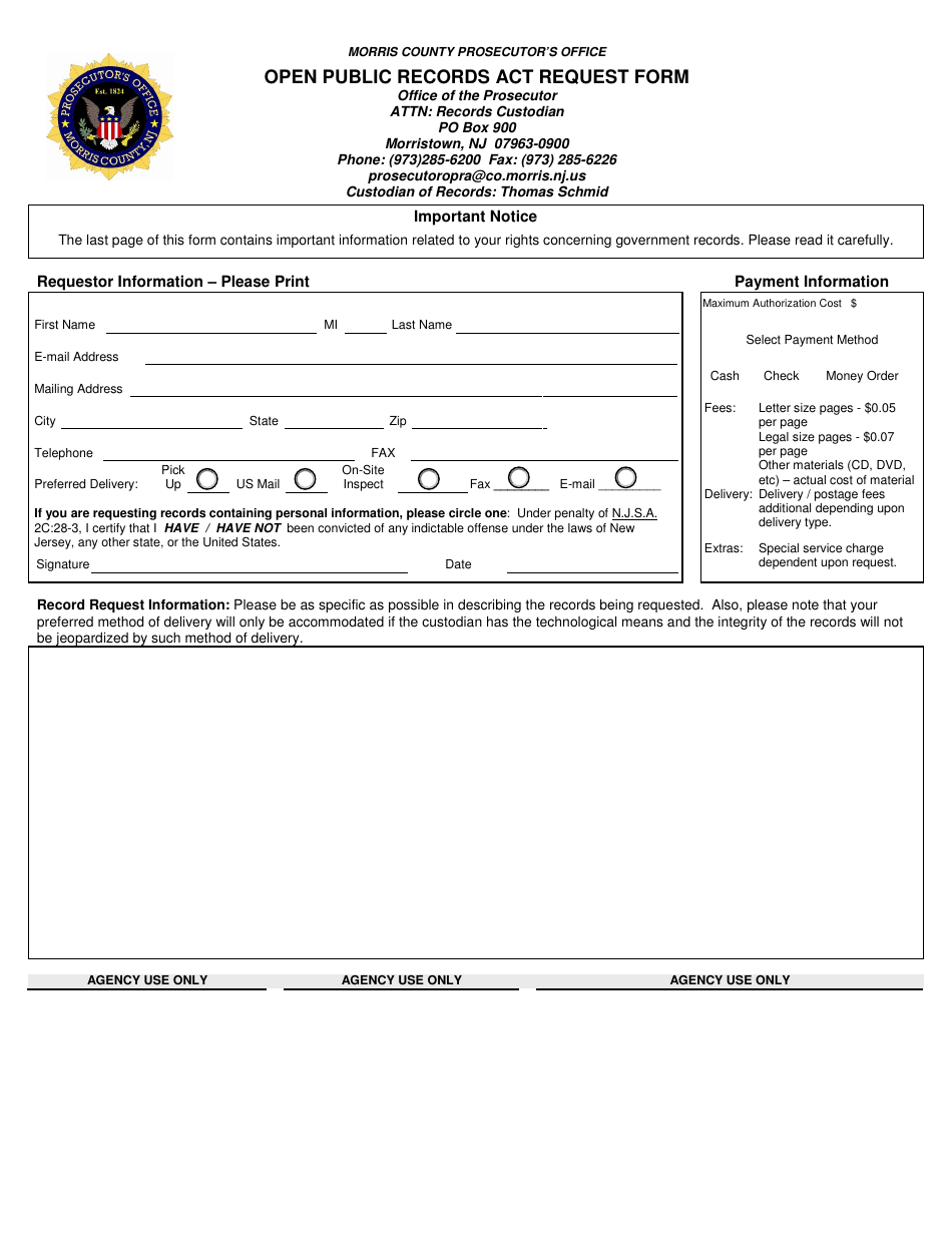 Open Public Records Act Request Form - Morris County, New Jersey, Page 1