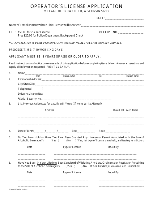 Form 926 Operator's License Application - Village of Brown Deer, Wisconsin