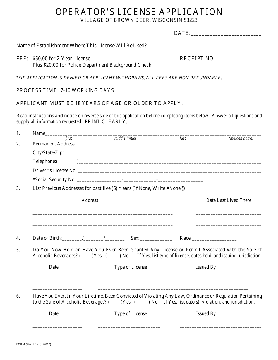 Form 926 Operators License Application - Village of Brown Deer, Wisconsin, Page 1