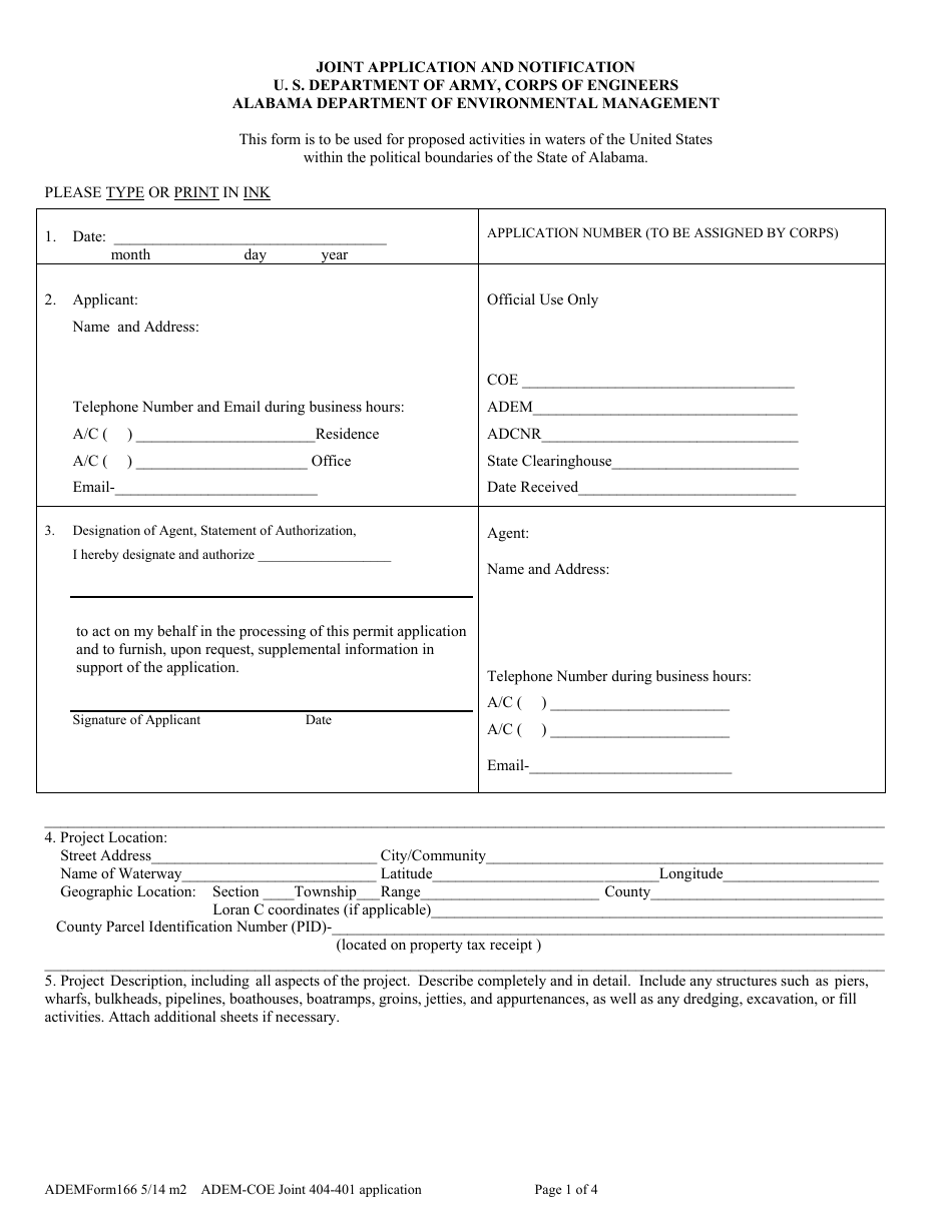 ADEM Form 166 Joint Application and Notification - Alabama, Page 1