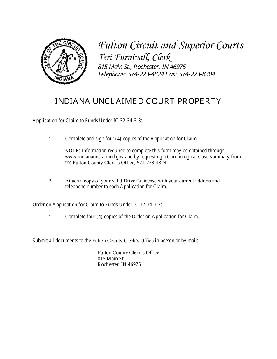 Application Form for Claim to Funds - County of Fulton, Indiana, Page 1