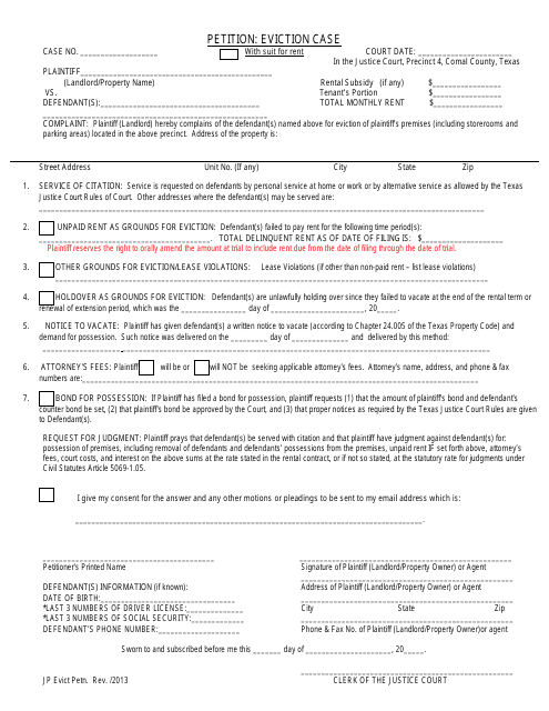 "Eviction Case Petition Template" - Comal County, Texas Download Pdf