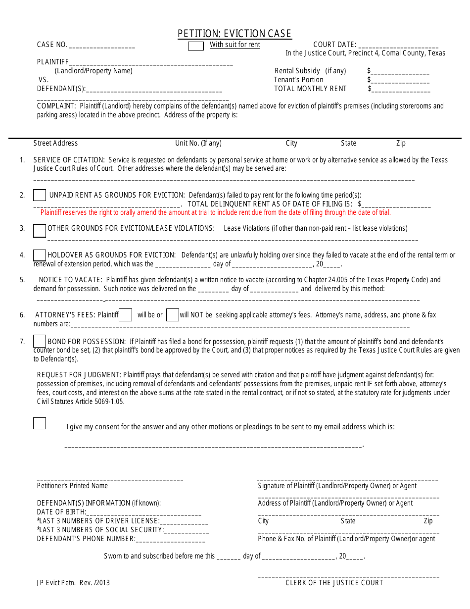 Comal County, Texas Eviction Case Petition Template - Fill Out, Sign ...