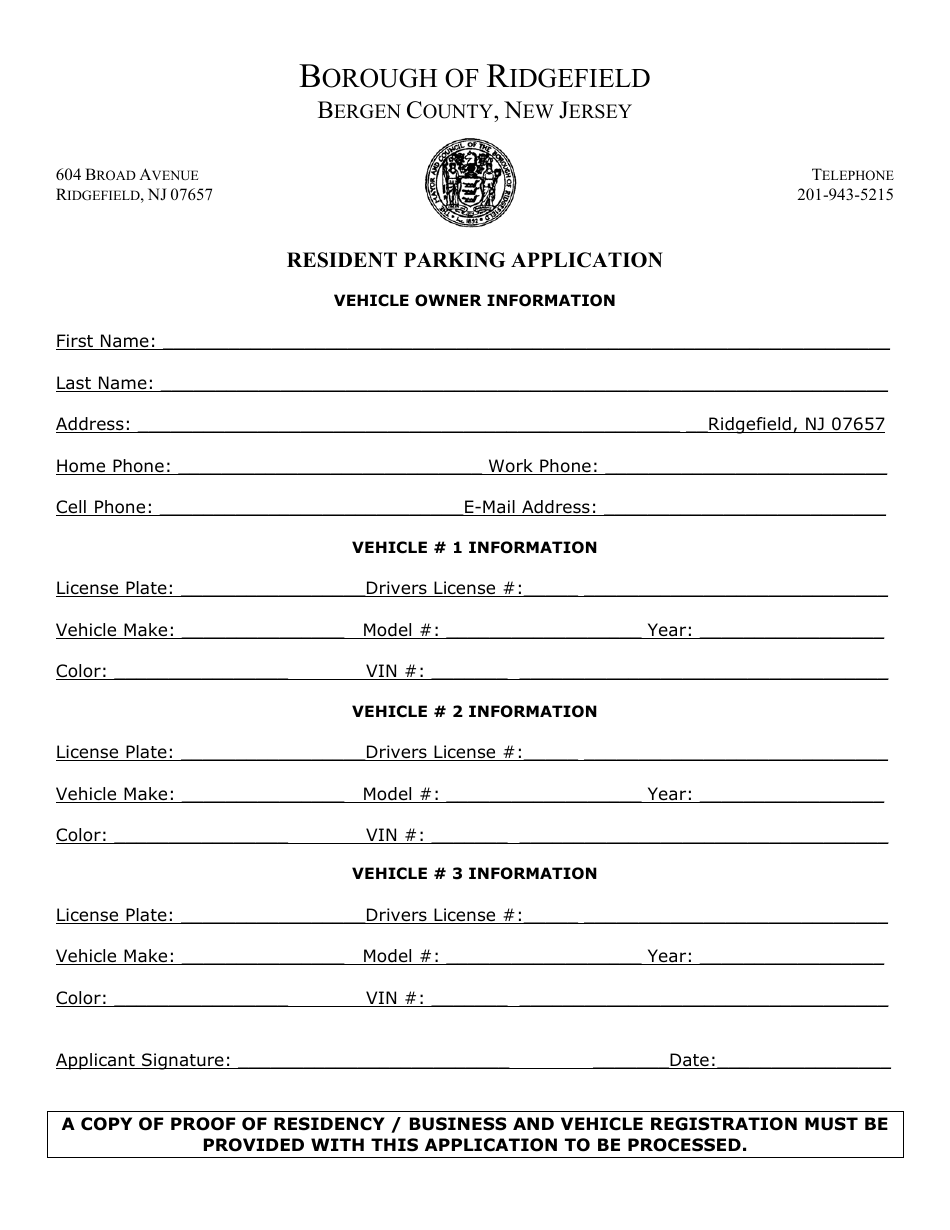 Resident Parking Application Form - Borough of Ridgefield, New Jersey, Page 1