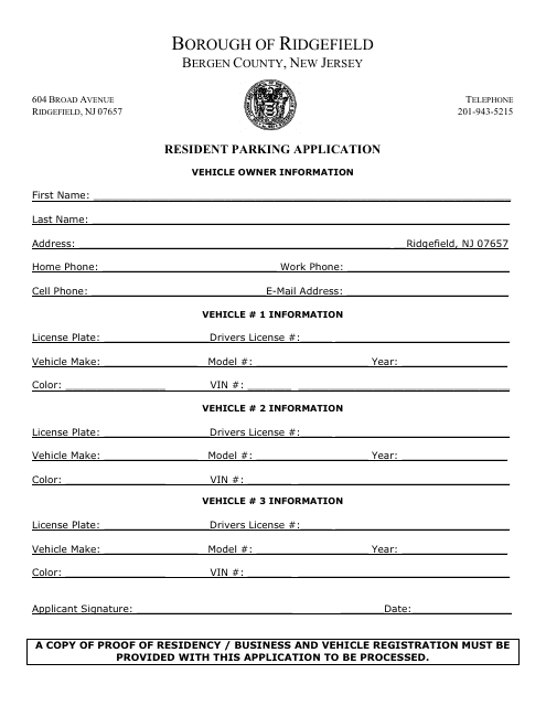 Resident Parking Application Form - Borough of Ridgefield, New Jersey Download Pdf