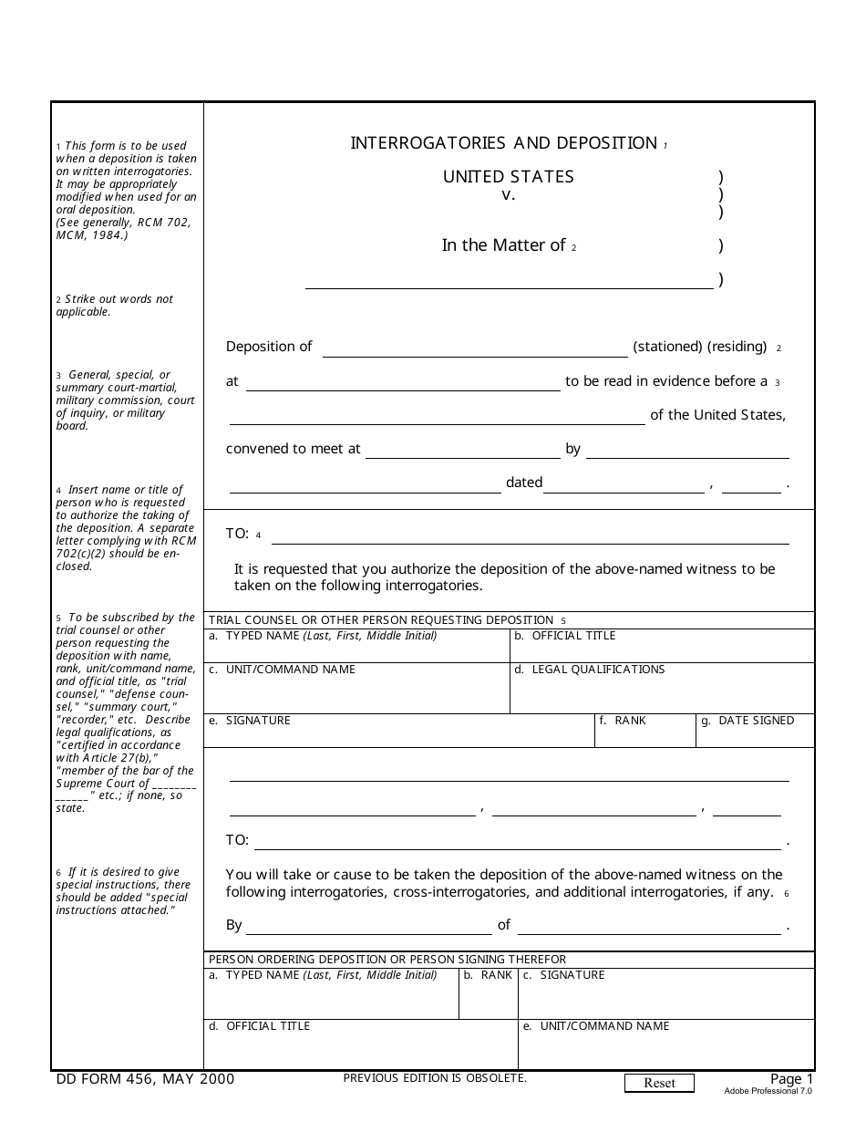 DD Form 456 Interrogatories and Deposition, Page 1