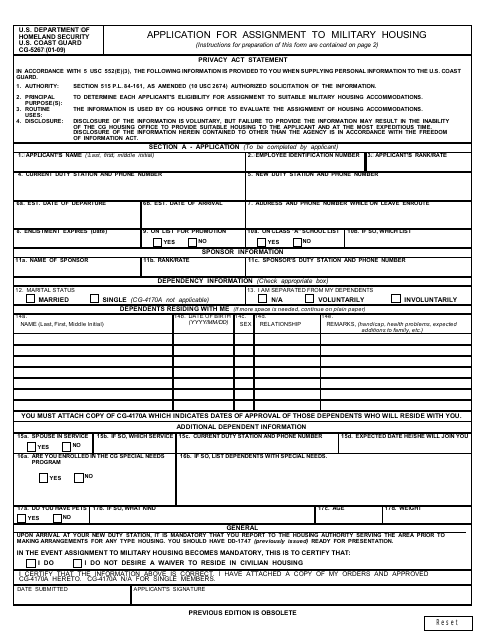 DHS Form CG-5267 Application for Assignment to Military Housing