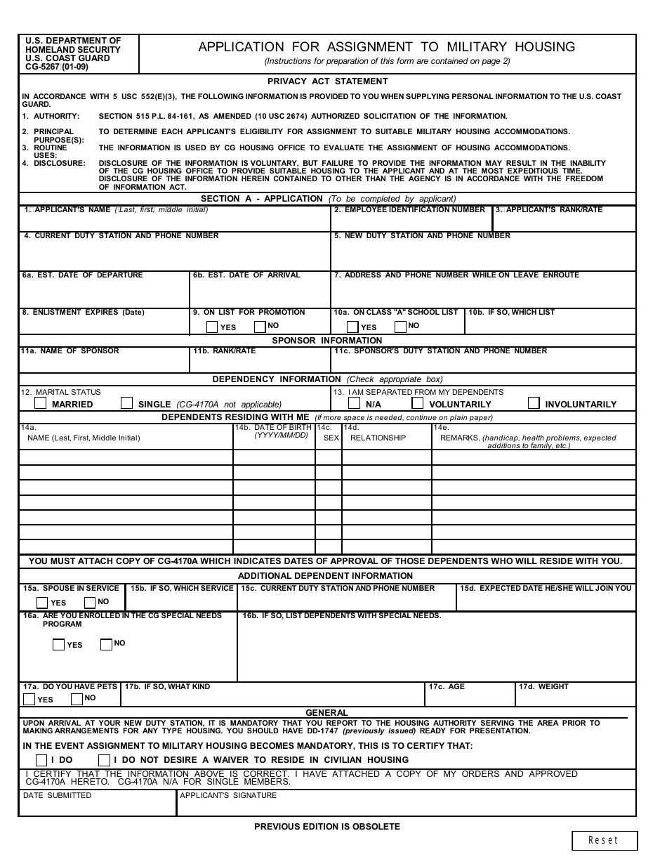 DHS Form CG-5267 Application for Assignment to Military Housing, Page 1