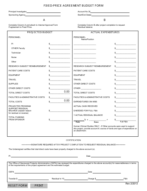 Fixed-Price Agreement Budget Form