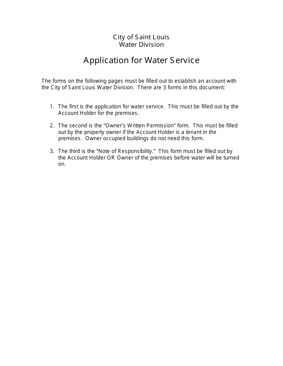 Form CS1 Application for Water Service - City of Saint Louis, Missouri, Page 1