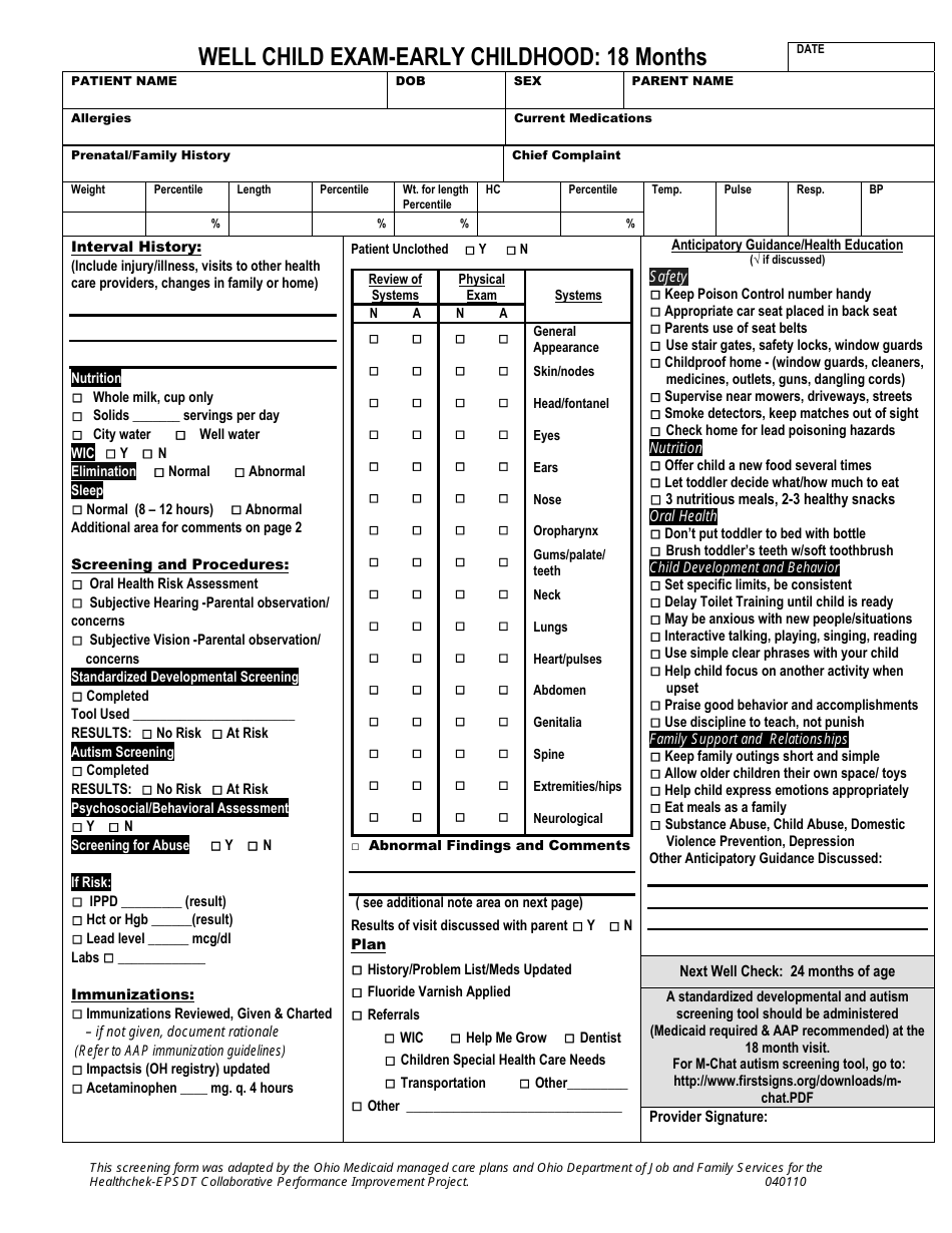 Well Child Exam Template - Early Childhood 18 Month - Ohio, Page 1