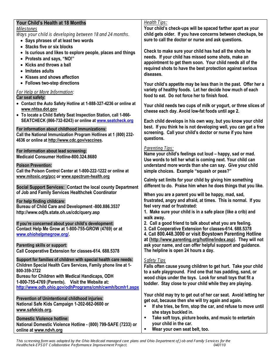 Well Child Exam Template - Early Childhood 18 Month - Ohio, Page 3