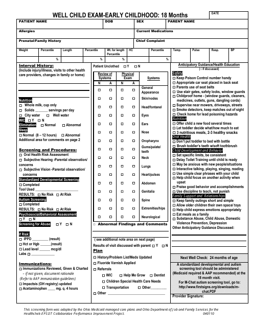 Well Child Exam Template - Early Childhood 18 Month - Ohio