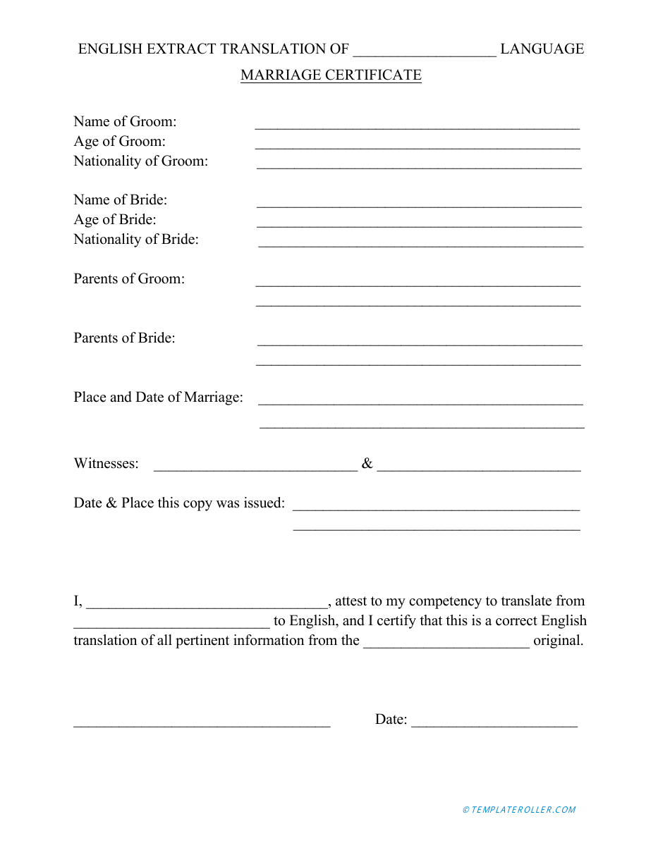 English Extract Marriage Certificate Translation Template Download In Marriage Certificate Translation Template