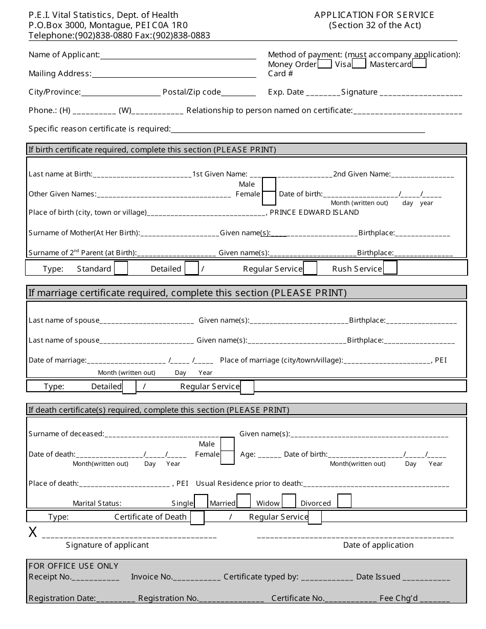 Application for Service - Prince Edward Island, Canada, Page 1