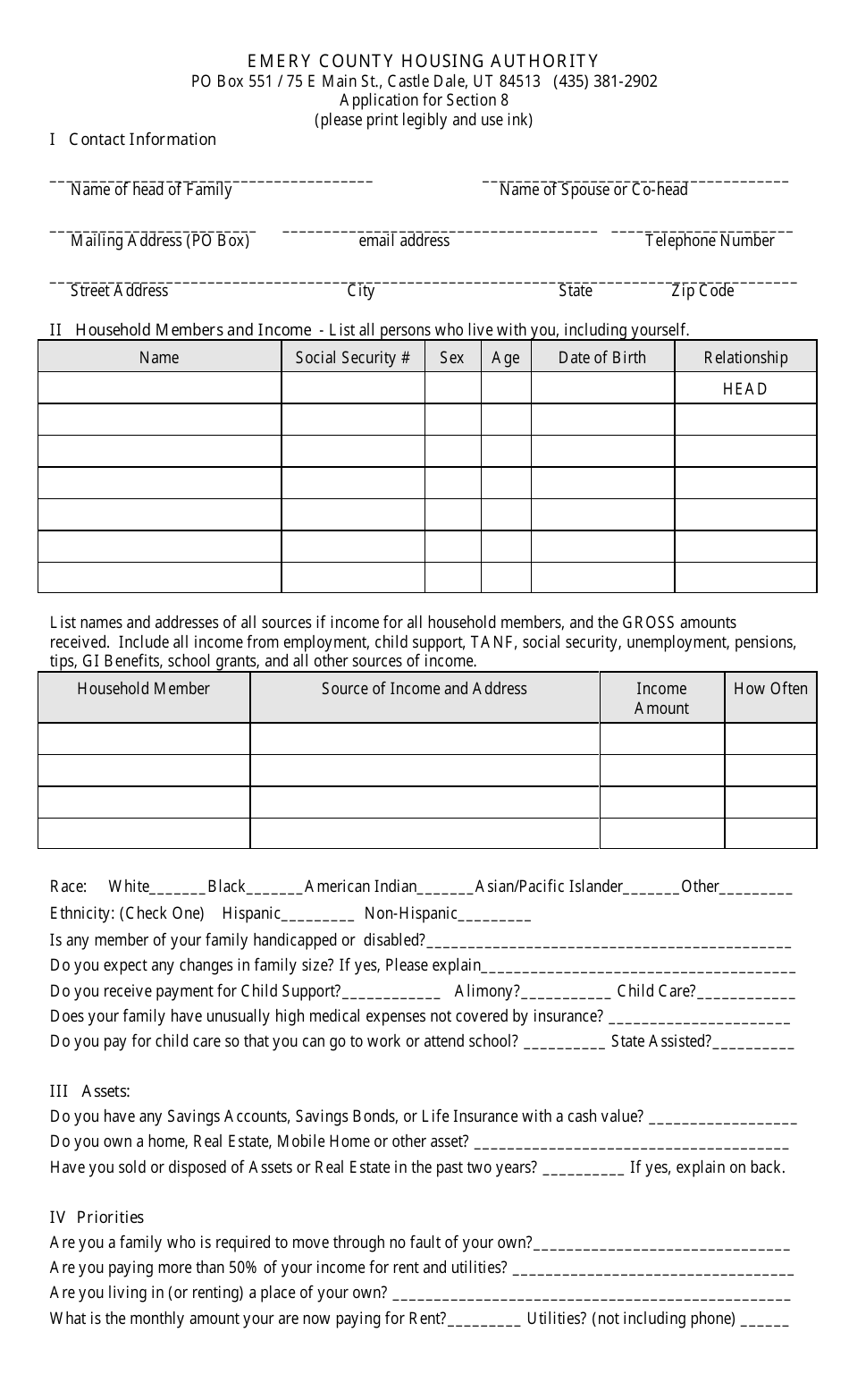 Emery County, Utah Application for Section 8 Fill Out, Sign Online