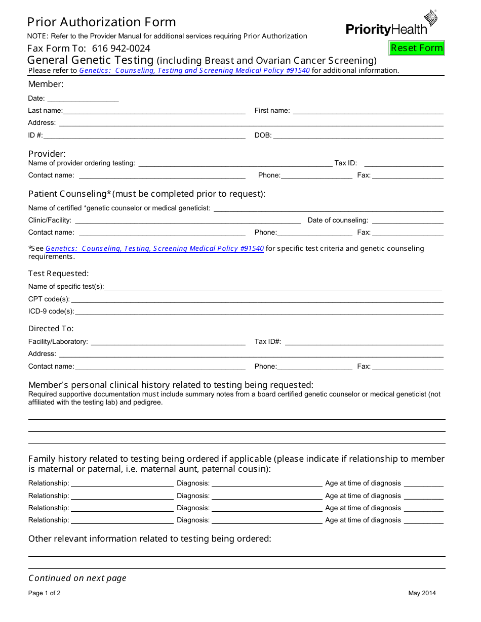 Prior Authorization Form - Priorityhealth, Page 1
