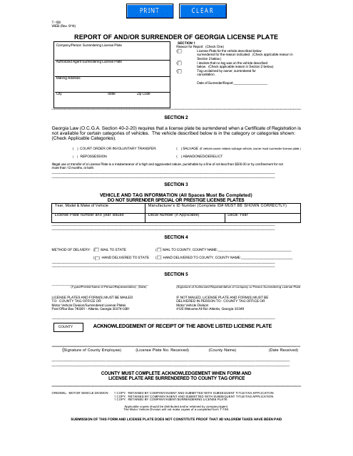 Form T-158 Report of and/or Surrender of Georgia License Plate - Georgia (United States)