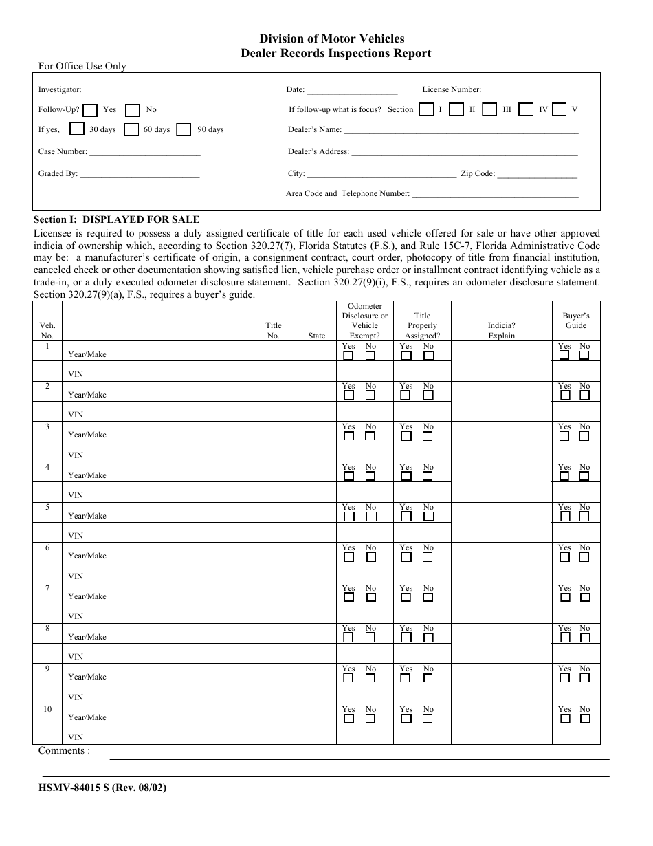 Form HSMV-84015 S Dealer Records Inspections Report - Florida, Page 1