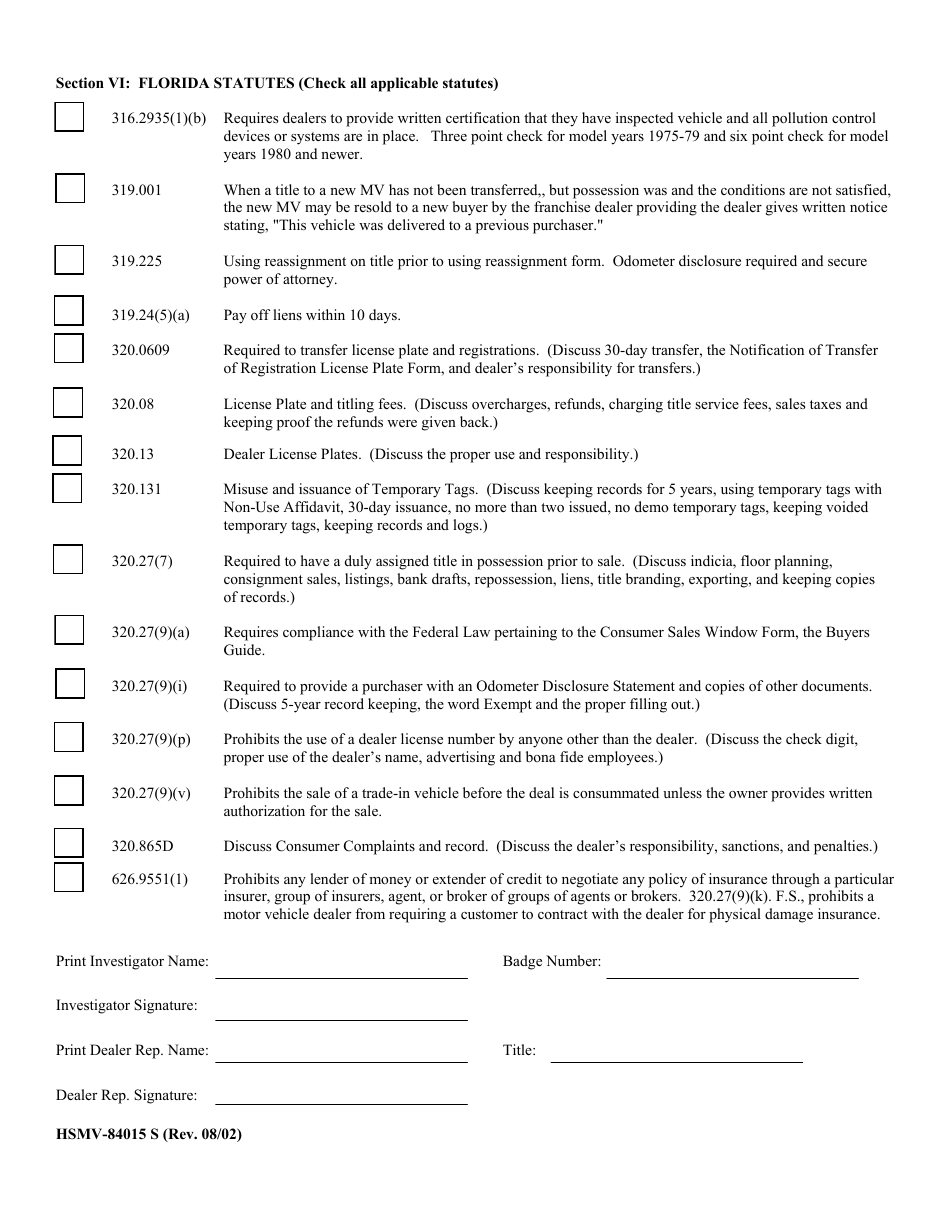 Form HSMV-84015 S Dealer Records Inspections Report - Florida, Page 4