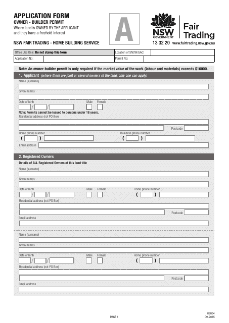 Form HB004 Application Form Owner - Builder Permit - New South Wales, Australia