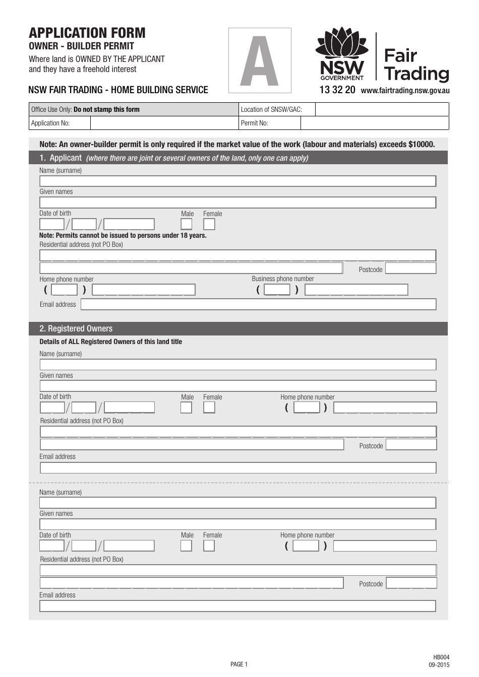 Form HB004 Application Form Owner - Builder Permit - New South Wales, Australia, Page 1