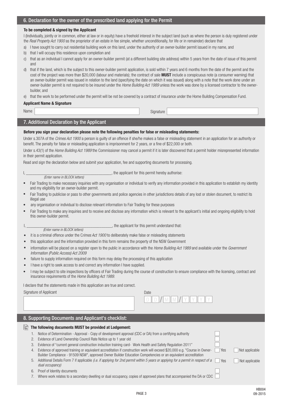 Form HB004 Application Form Owner - Builder Permit - New South Wales, Australia, Page 3