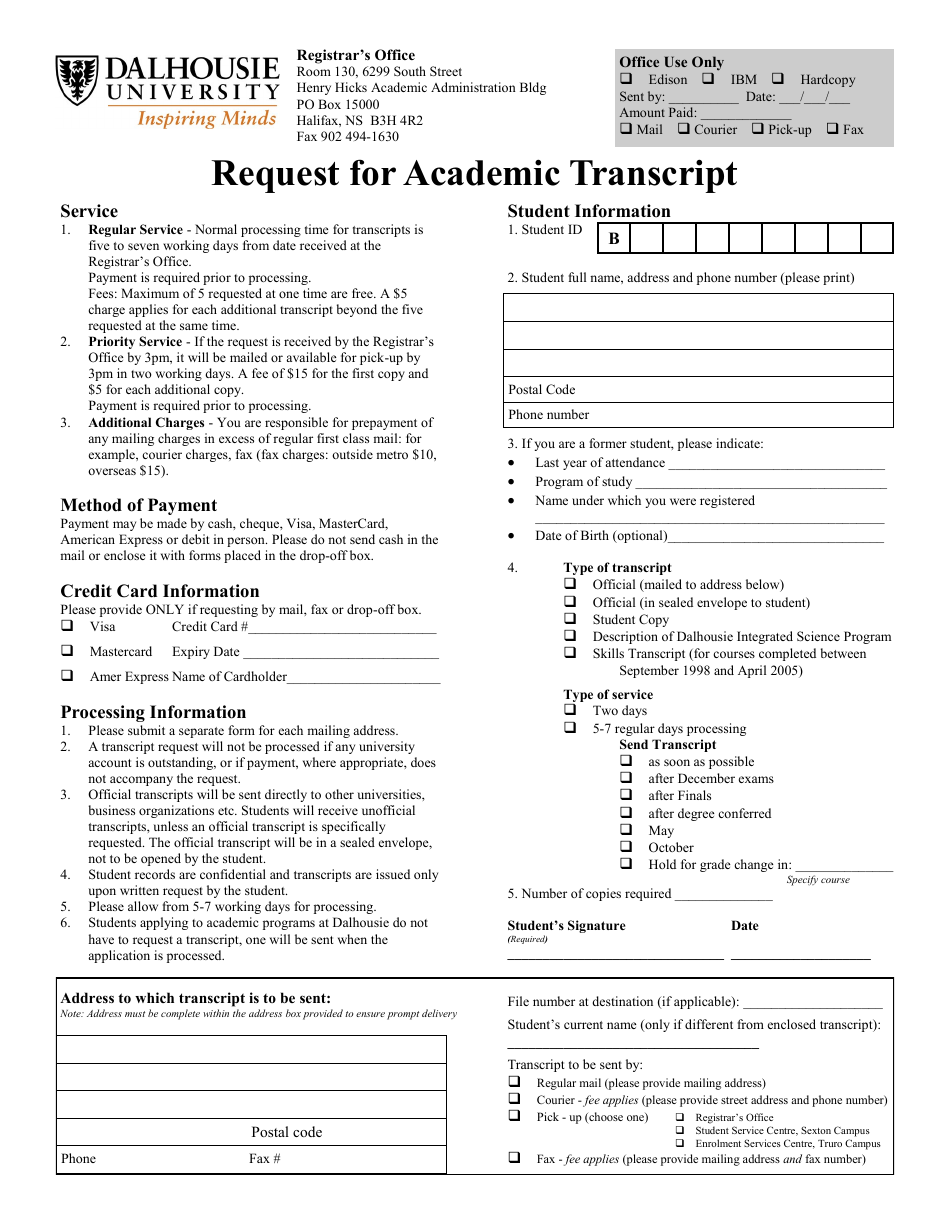 Request for Academic Transcript - Dalhousie University - Nova Scotia, Canada, Page 1