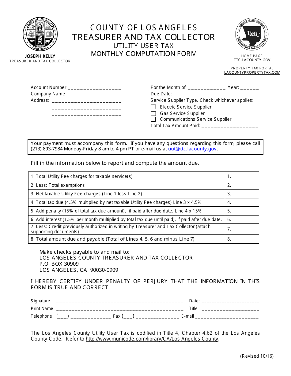 Utility User Tax Monthly Computation Form - County of Los Angeles, California, Page 1