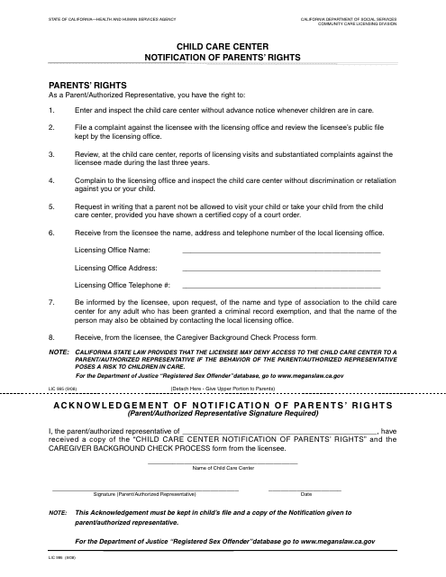 Form LIC995 Child Care Center Notification of Parent's Rights - California