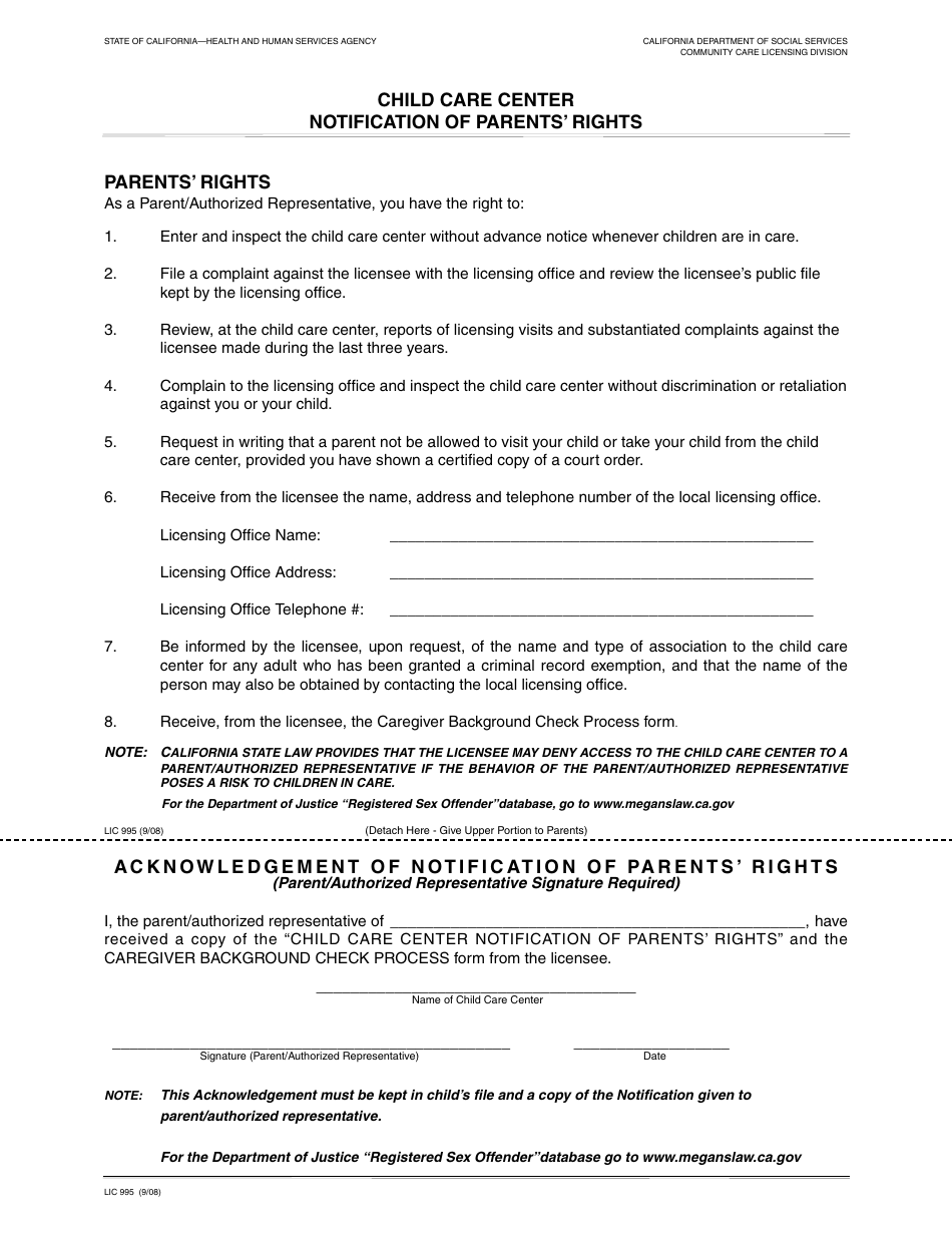 Form LIC995 Child Care Center Notification of Parent's Rights - California, Page 1