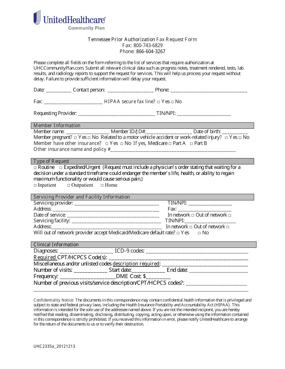 Tennessee Prior Authorization Fax Request Form - Unitedhealthcare - Tennessee, Page 1